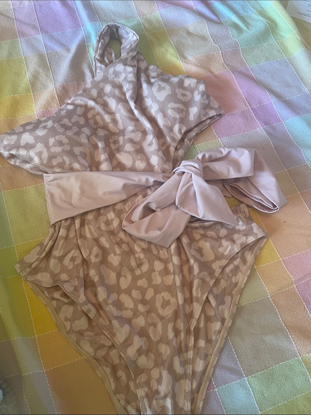 Beige Animal Print One-Piece Swim with Waist Sash